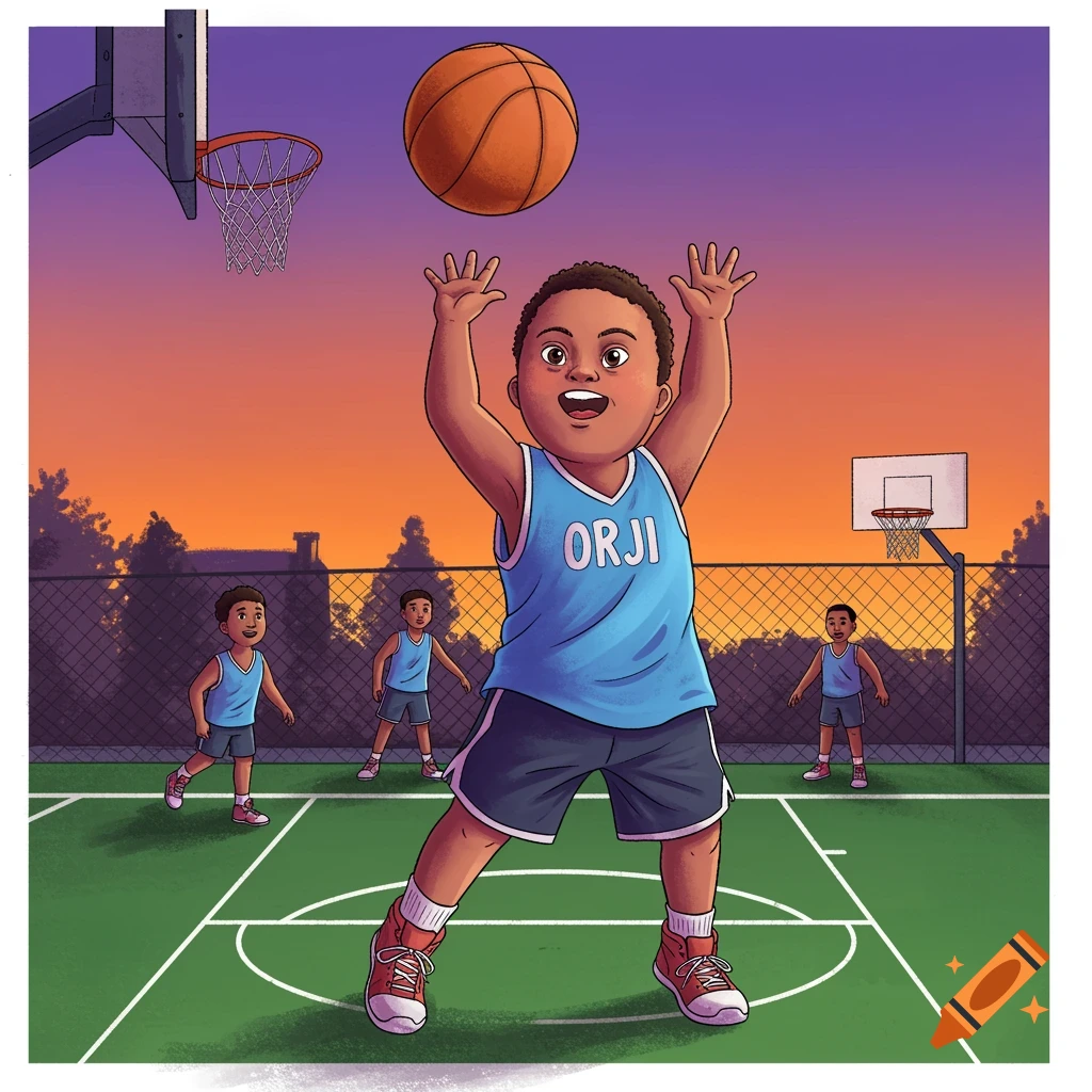 Illustration of a kid shooting a basketball on an outdoor court at sunset.