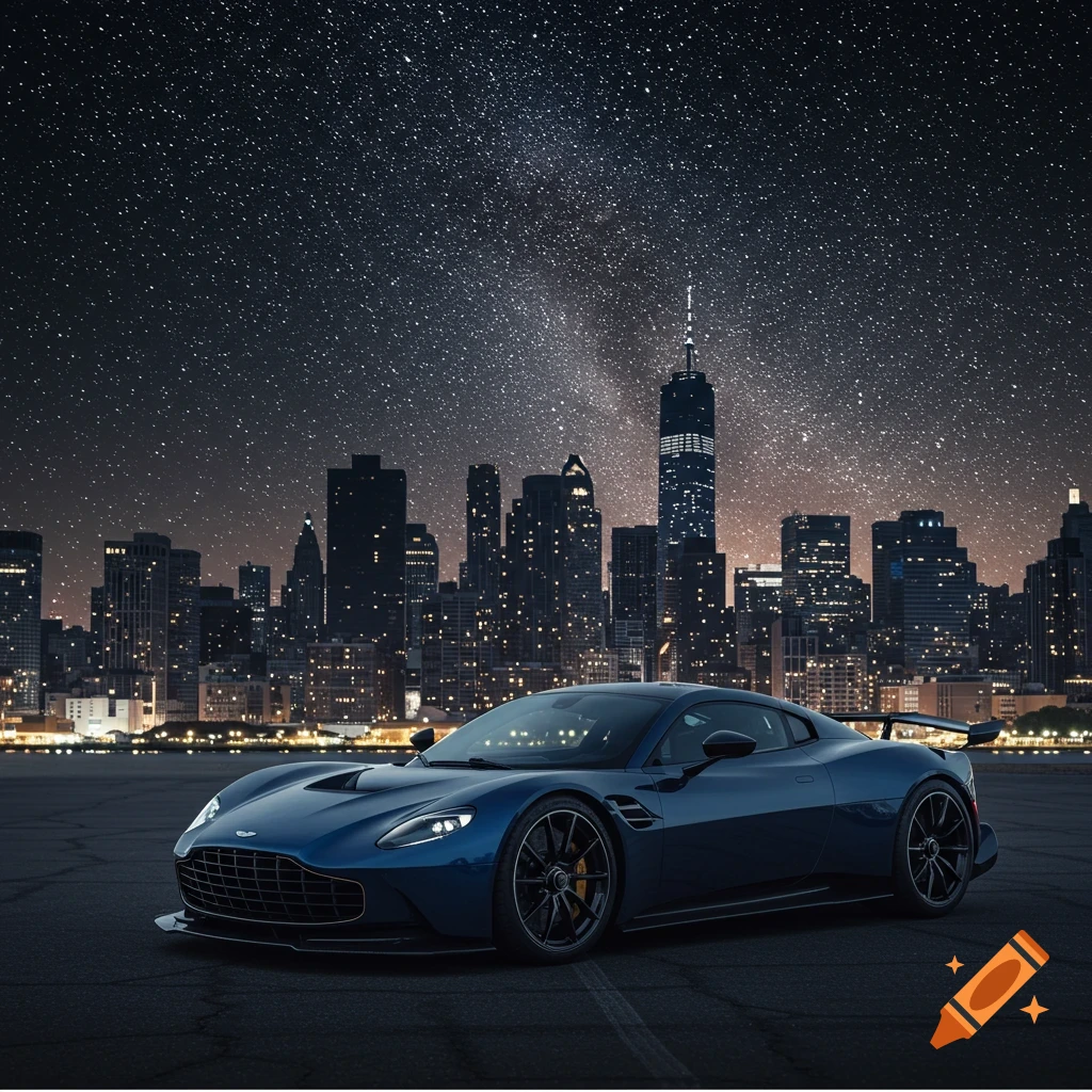 Dark blue Aston Martin Valkyrie F1 car in dark New York City at night with stars
