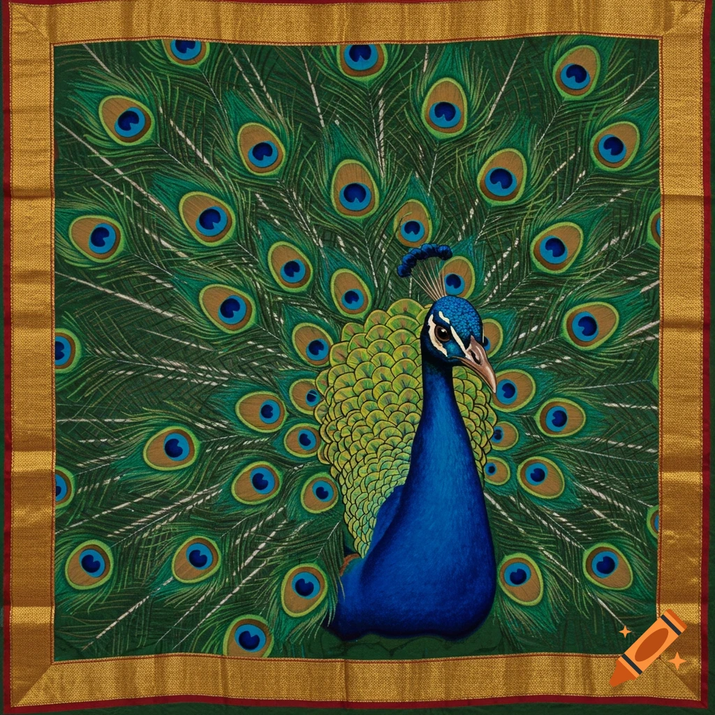 A vibrant peacock design on a green background with a decorative border, inspired by a sari.