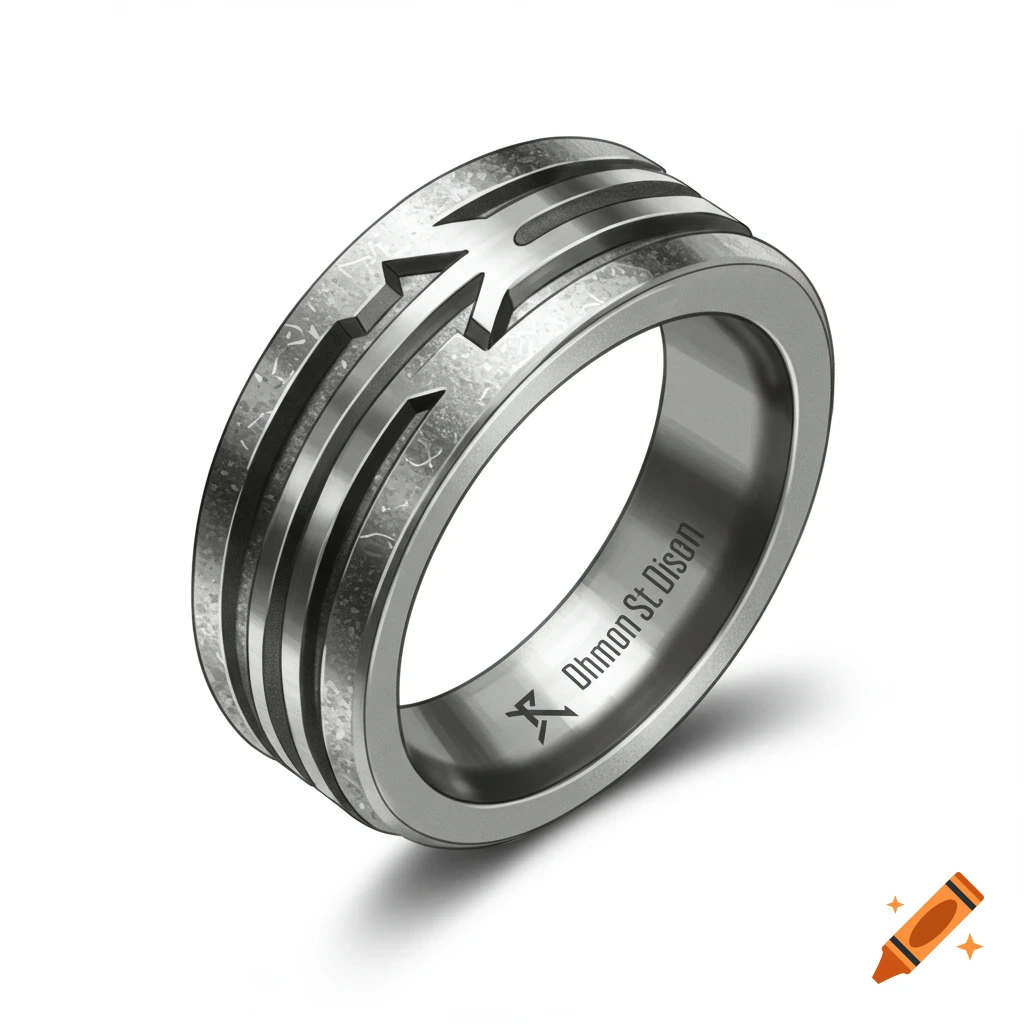 A close-up studio shot of a brushed steel ring with etched symbols and lines.