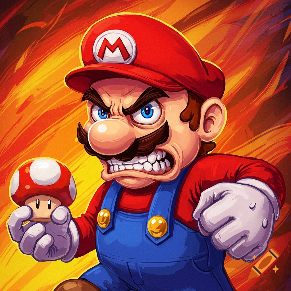 Cartoon illustration of an angry Mario holding a mushroom