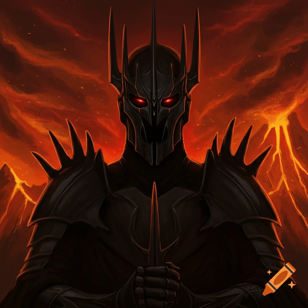 Dark fantasy illustration of Sauron in black armor with red eyes against a fiery volcanic background.