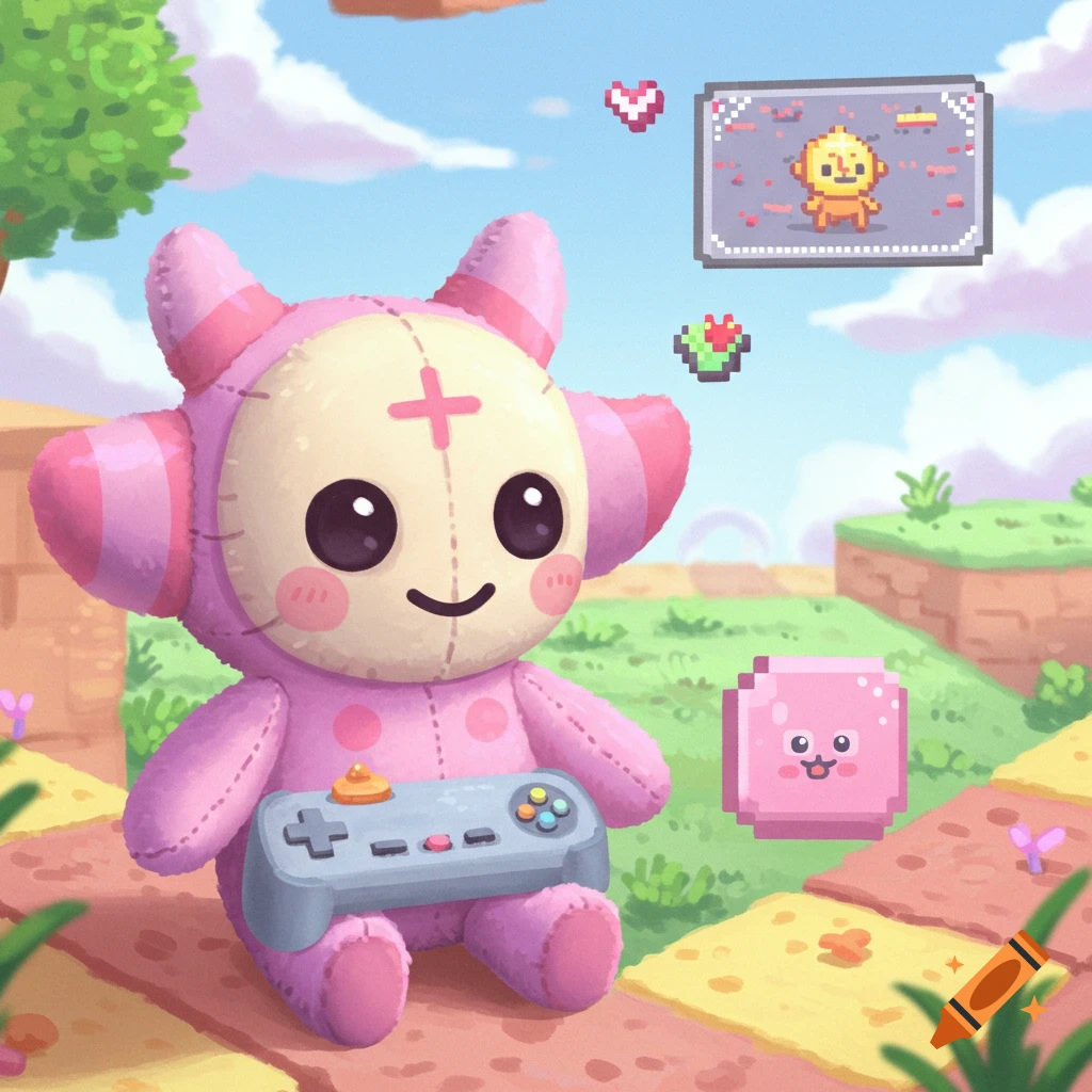 A cute pink plush toy creature sits on a path playing a video game, with pixel art elements floating above.