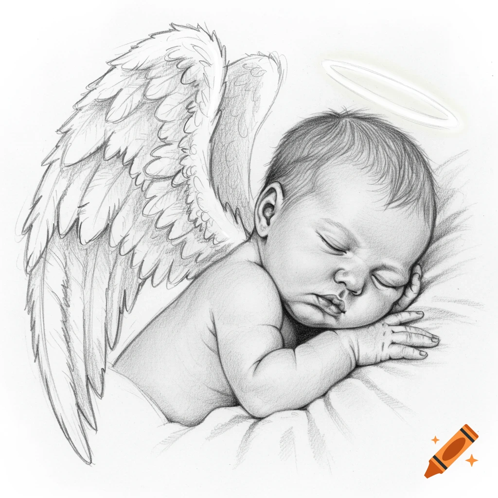 Pencil drawing of a sleeping baby with angel wings and halo