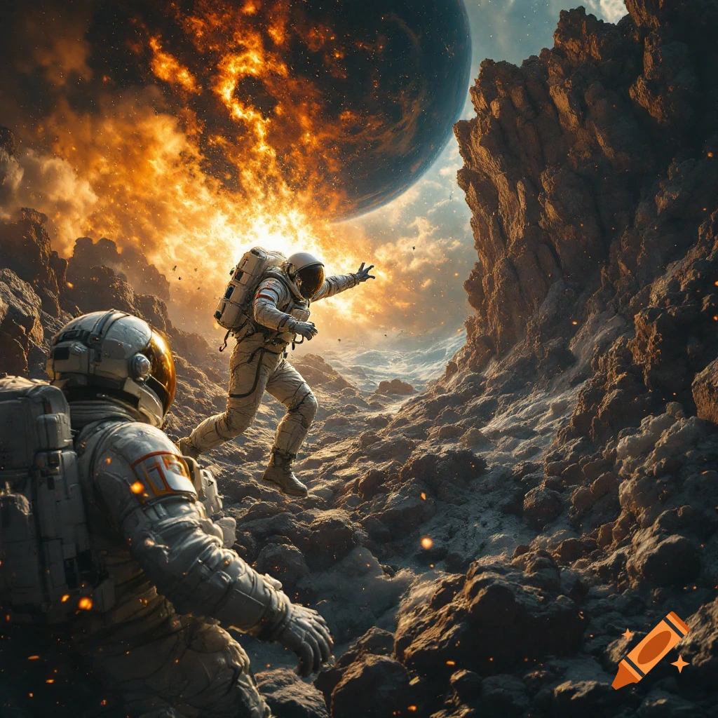 Two astronauts on a rocky alien planet surface with a large planet in the fiery sky.