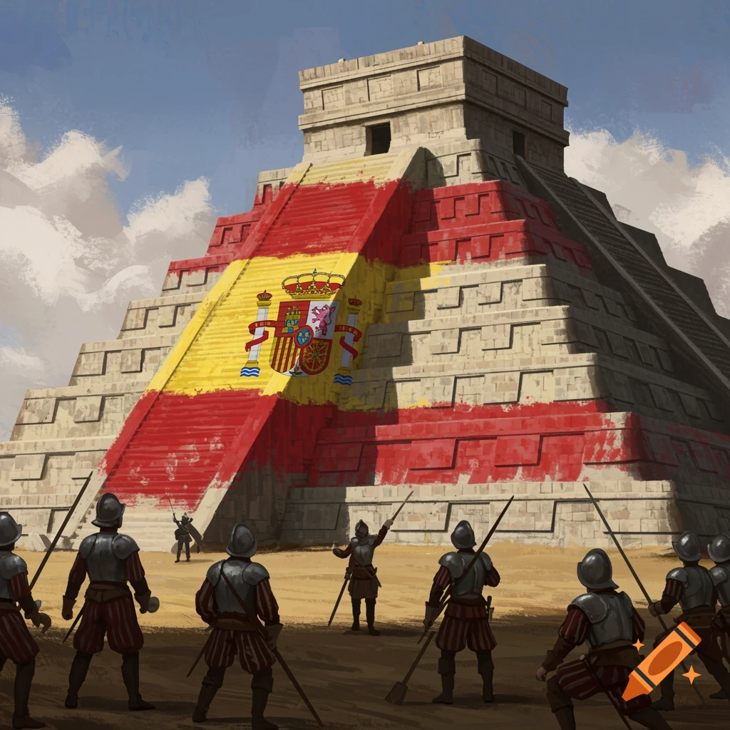 Spanish conquistadors paint a pyramid with the Spanish flag.