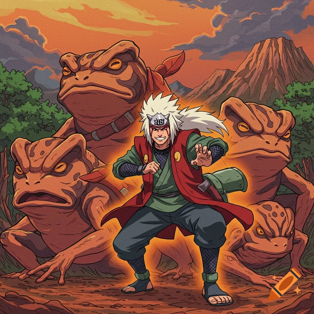 Jiraiya in Sage Mode standing with giant toads in an anime style scene