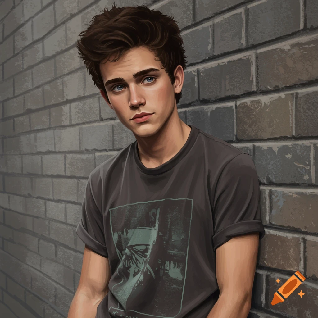 Illustration of a young man with brown hair and blue eyes leaning against a brick wall, wearing a grey t-shirt.