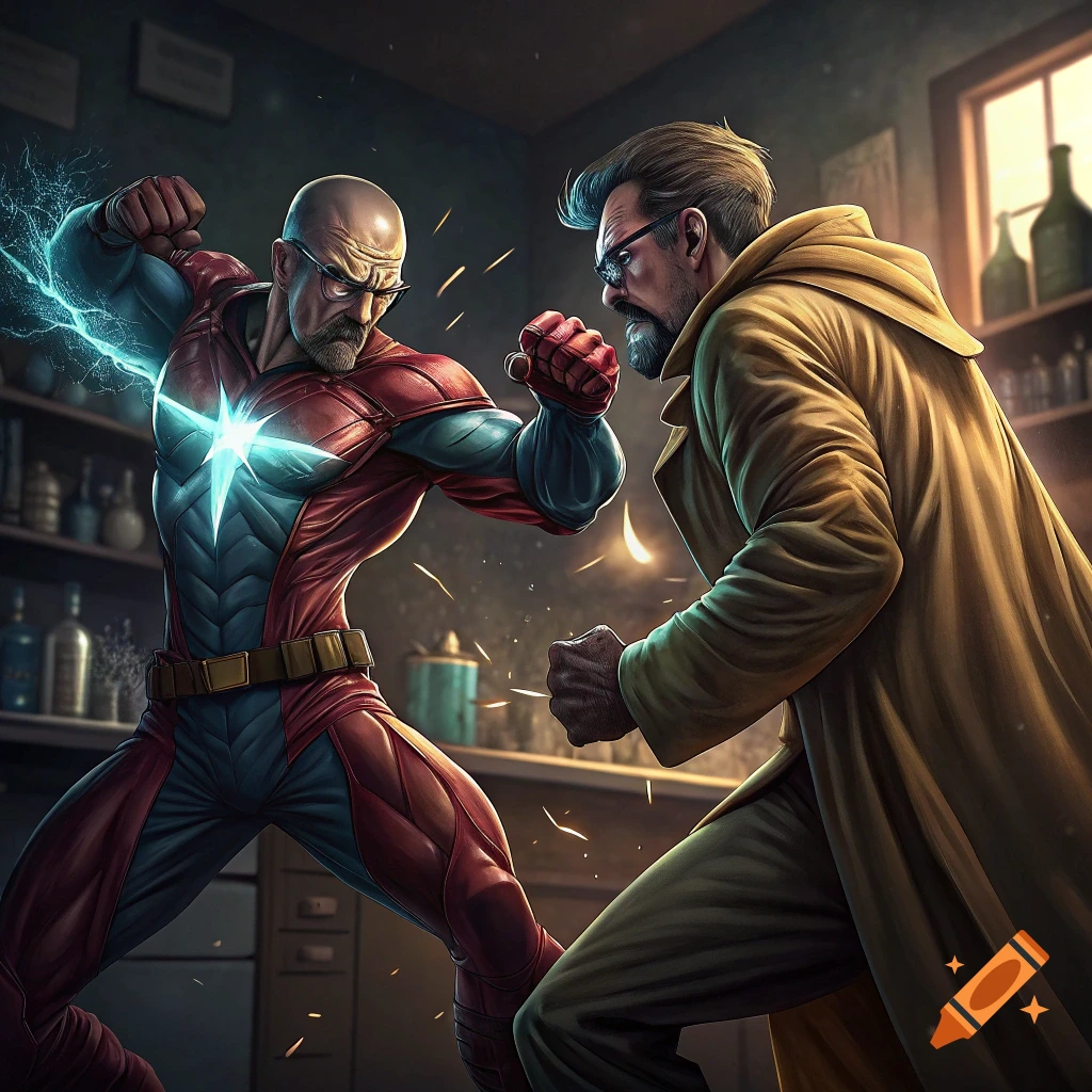 Superhero-styled illustration of a bald man in a red and blue suit fighting a man in a brown trench coat.