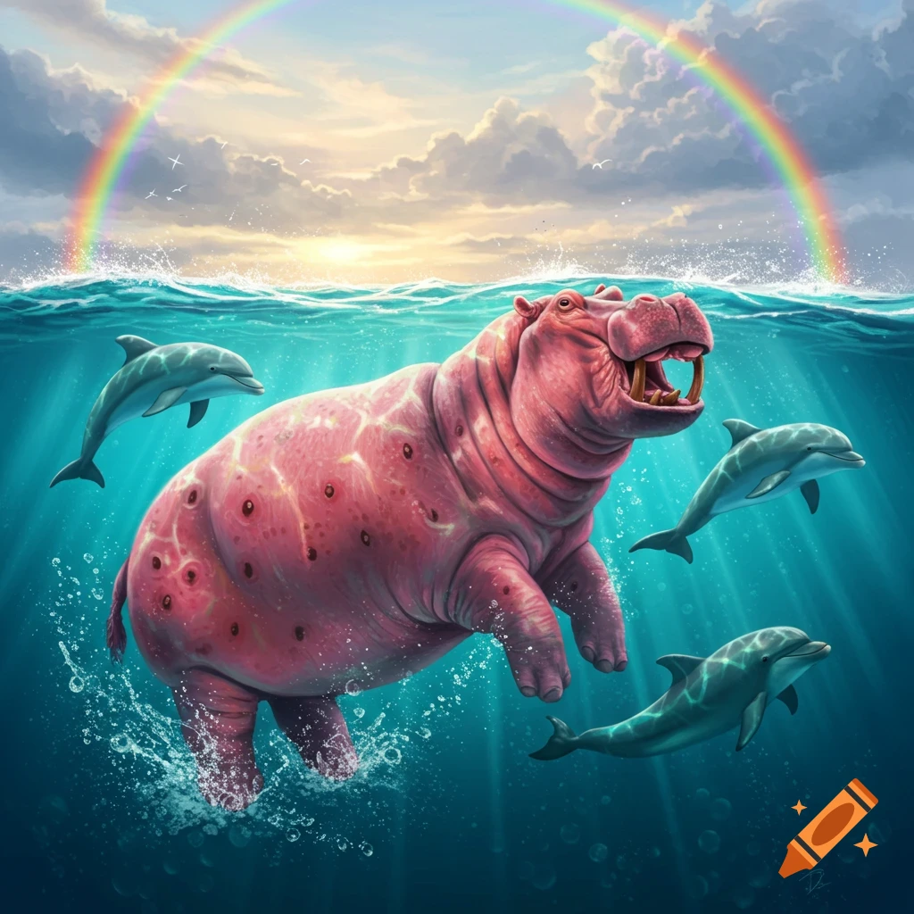 Pink spotted hippo swims underwater with dolphins and a rainbow.