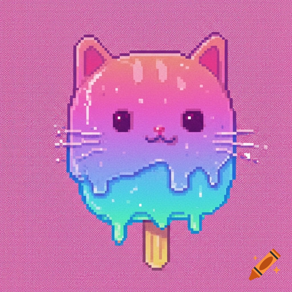 Pixelated melted cat popsicle with rainbow gradient colors on a pink background.