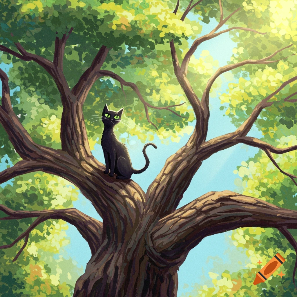 A black cat sits on a thick branch of a large tree. Sunlight streams through the green leaves in a stylized illustration.