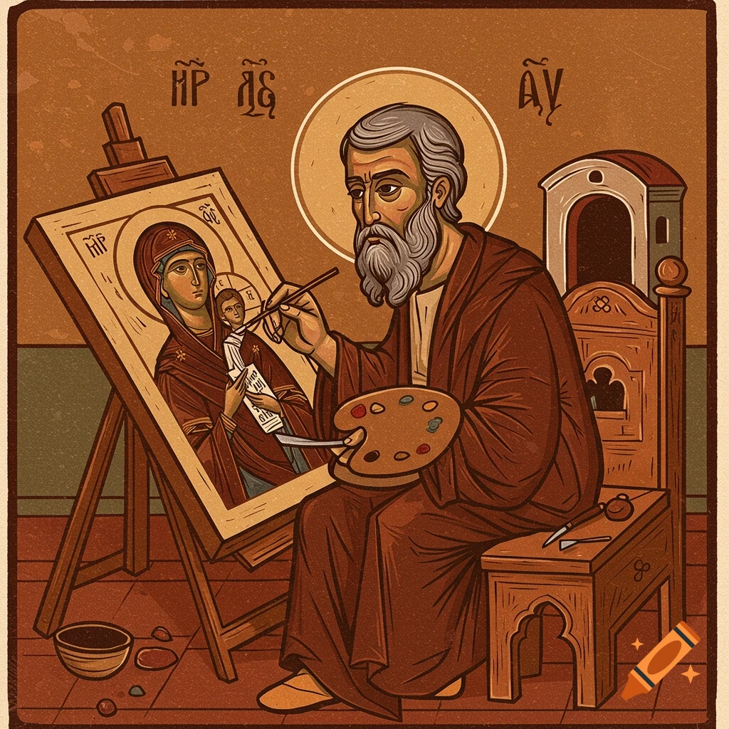 An icon of St Luke painting an icon of the Theotokos in a linocut style.