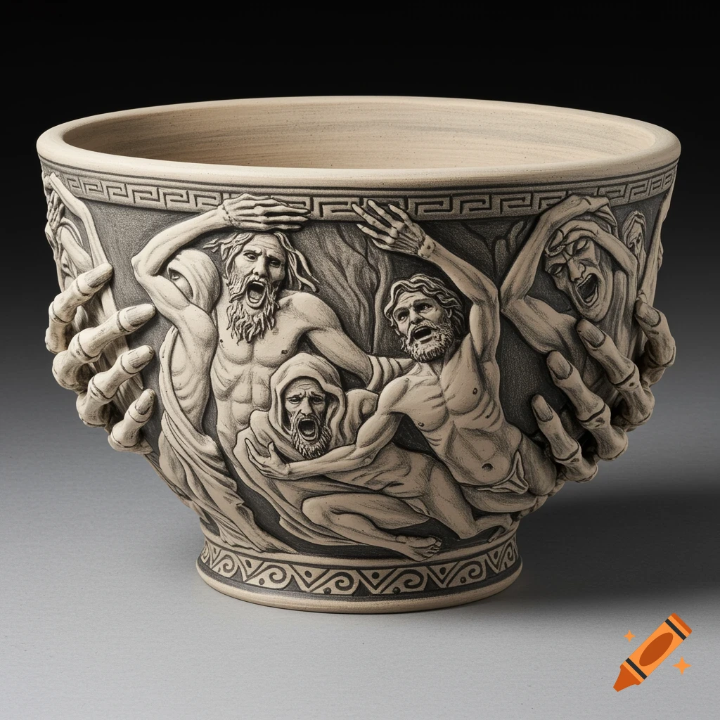 Ceramic bowl with raised relief of distressed figures and skeletal hands.