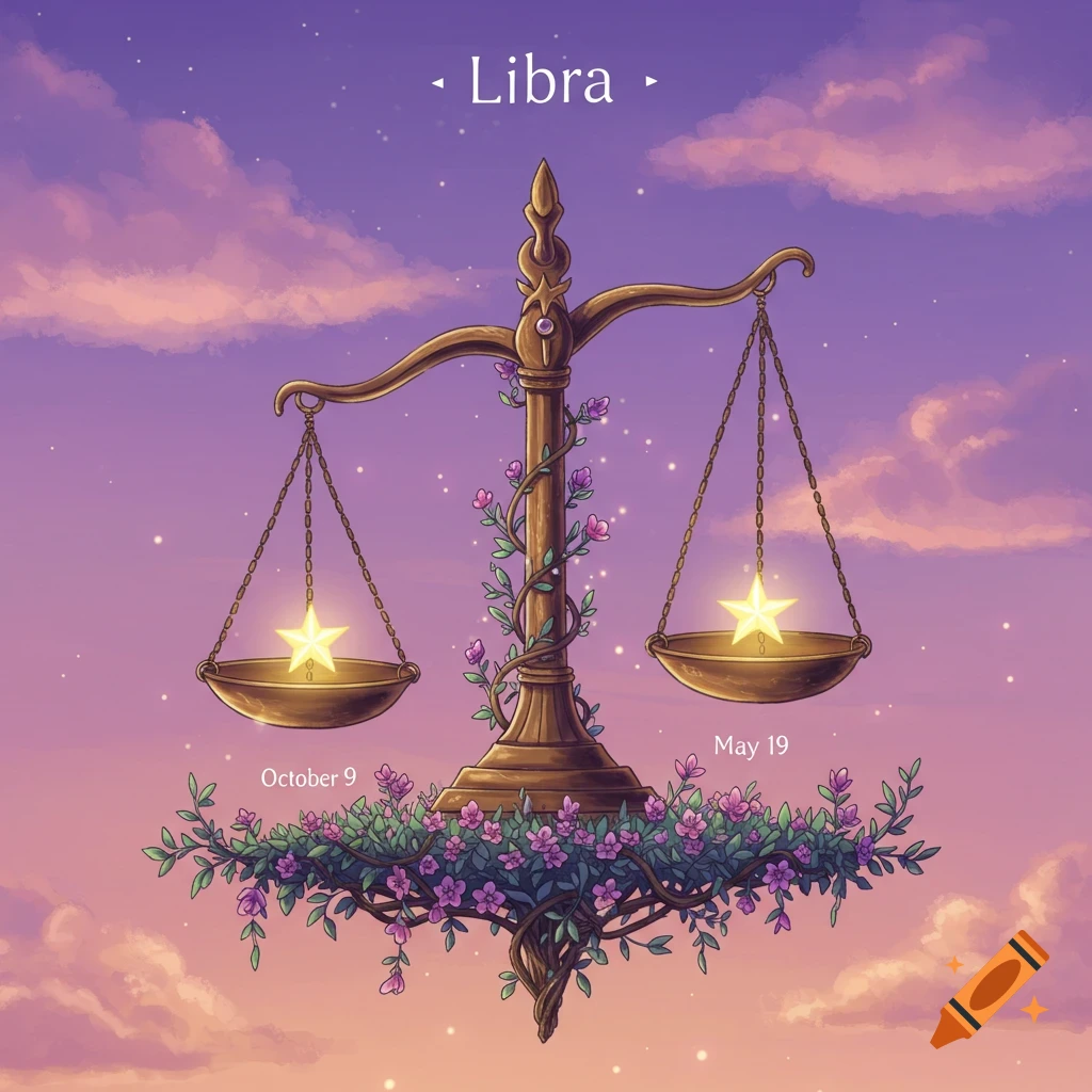 Illustration of a golden Libra scale with stars, vines, and flowers floating in a cloudy sky, with text 'Libra', 'October 9', 'May 19'