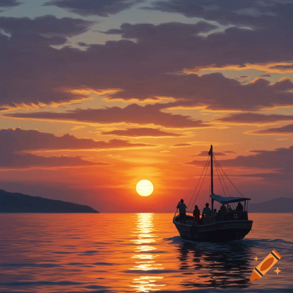 An oil painting of a small boat with people aboard sailing on the water at sunset, with warm orange and purple clouds.