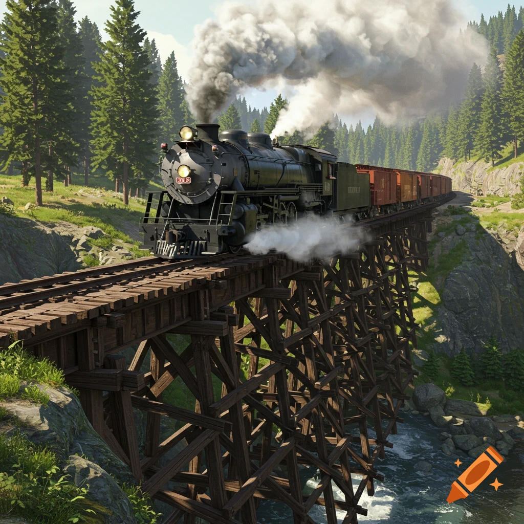 Steam locomotive pulling freight train over wood trestle bridge on Craiyon