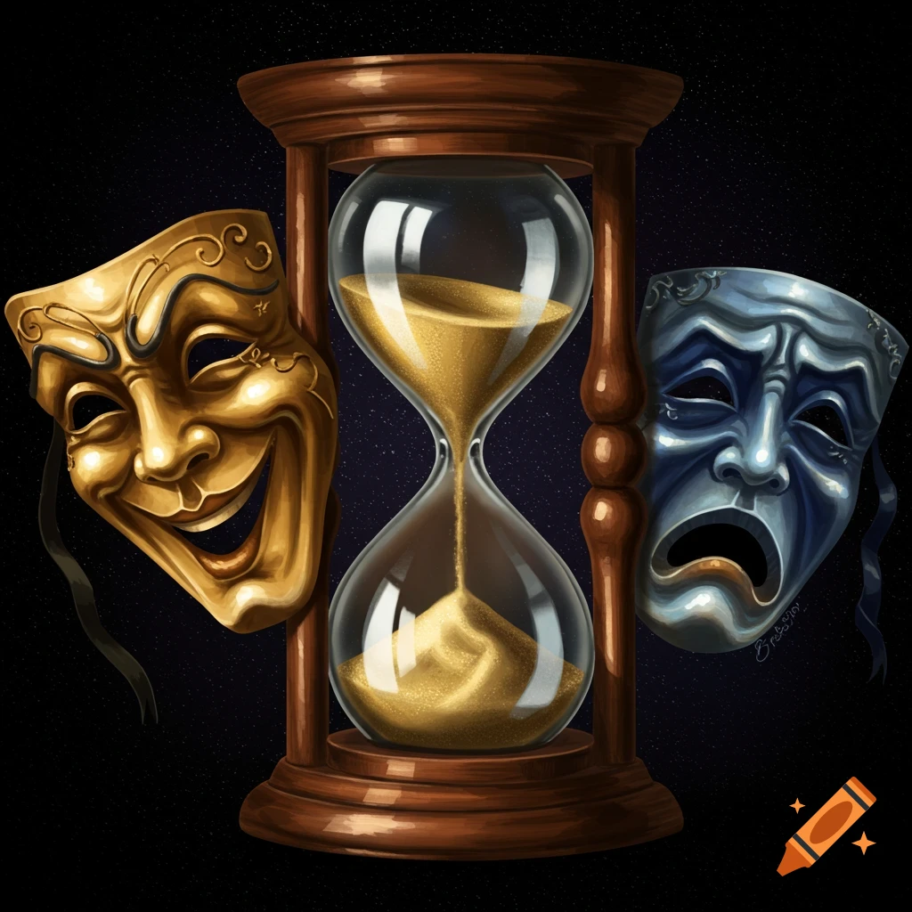 Illustration of a gold happy theatre mask and a blue sad theatre mask flanking an hourglass with sand flowing.