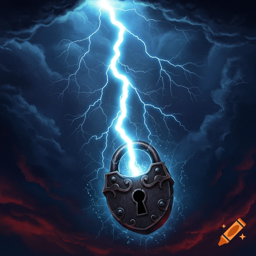 A large decorative lock is struck by lightning in a dark, stormy sky.