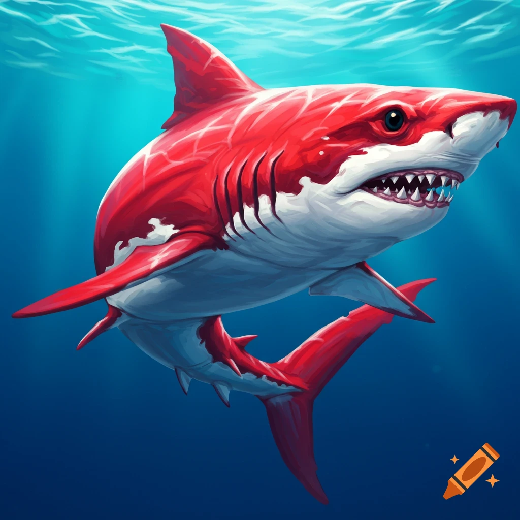 Illustration of a red and white shark swimming underwater