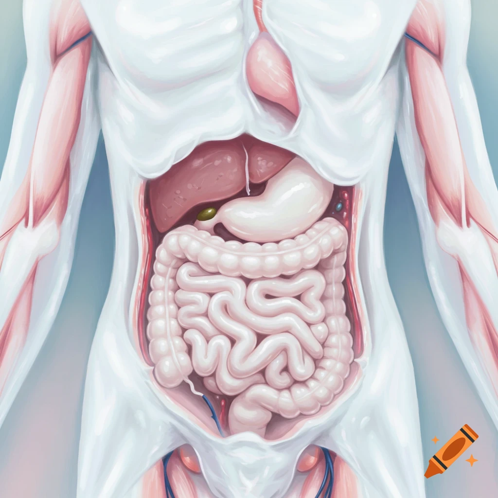 Stylized illustration of human digestive system and organs.