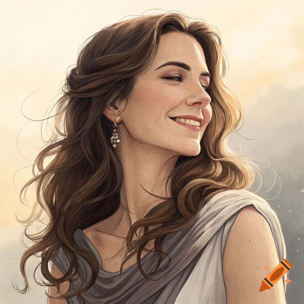 Portrait of a smiling woman with long brown hair in an illustrated style.