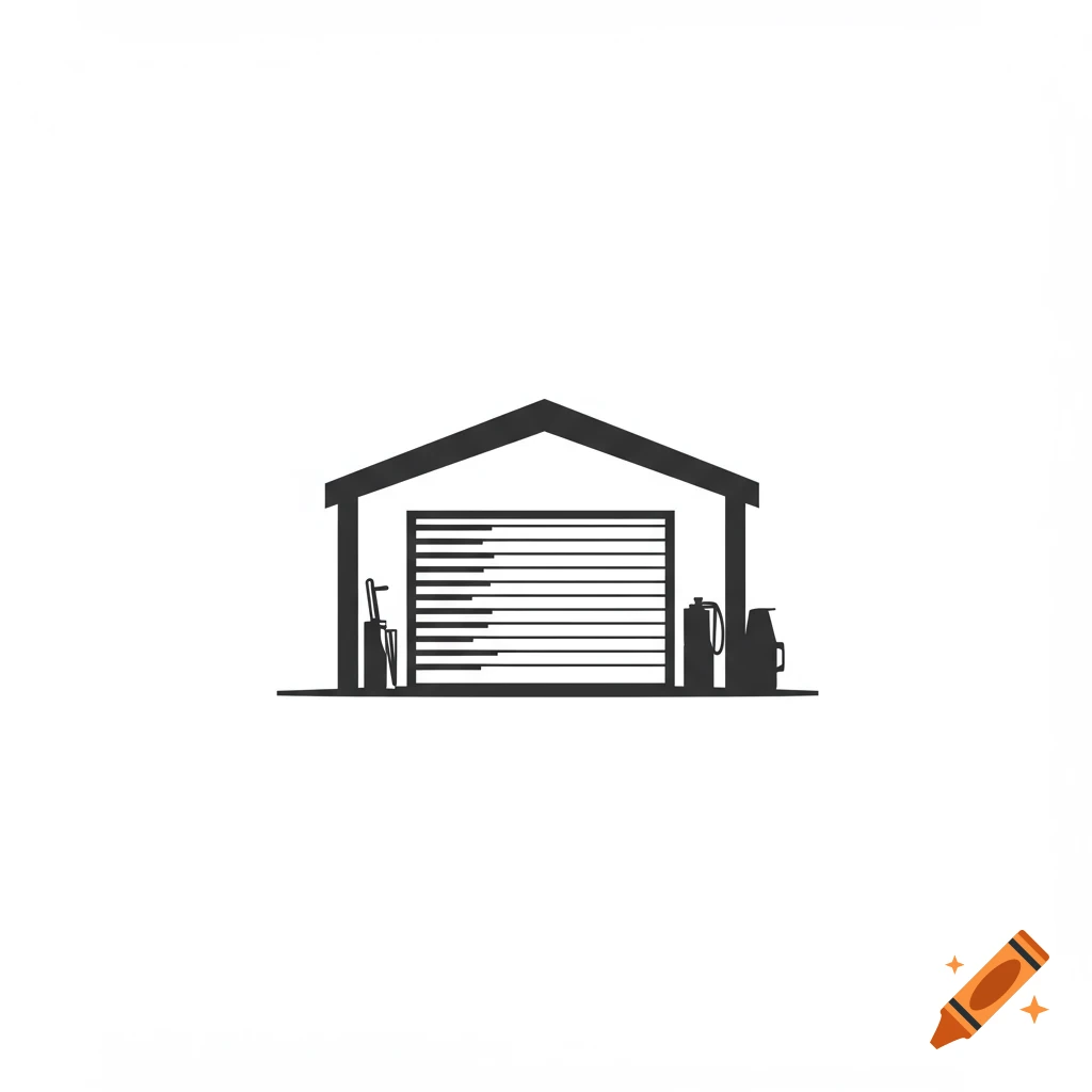 Black and white logo illustration of a garage door with tools and containers.