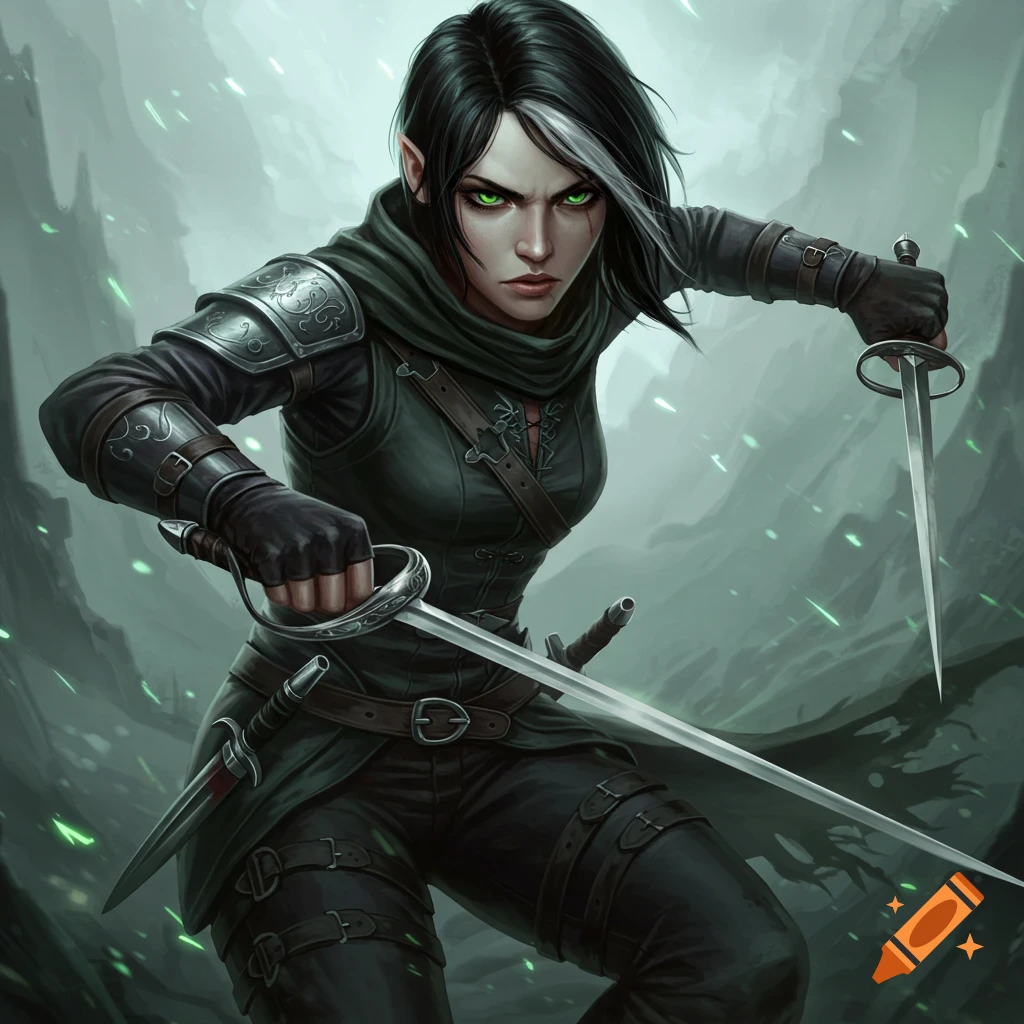 A female fantasy rogue with green eyes and black hair wielding two swords.