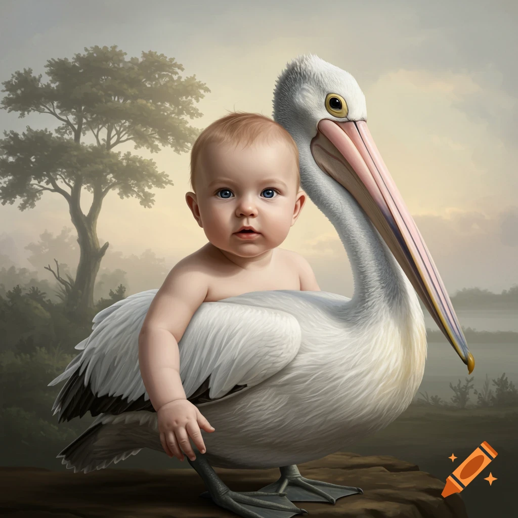 Baby sits atop a large white pelican in a misty landscape.