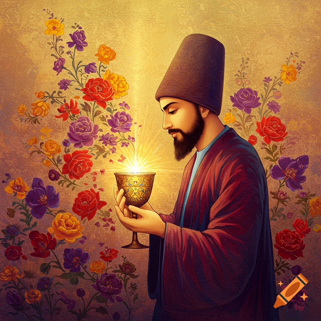 A Sufi figure holds a glowing golden goblet surrounded by colorful flowers in an illustrative style.