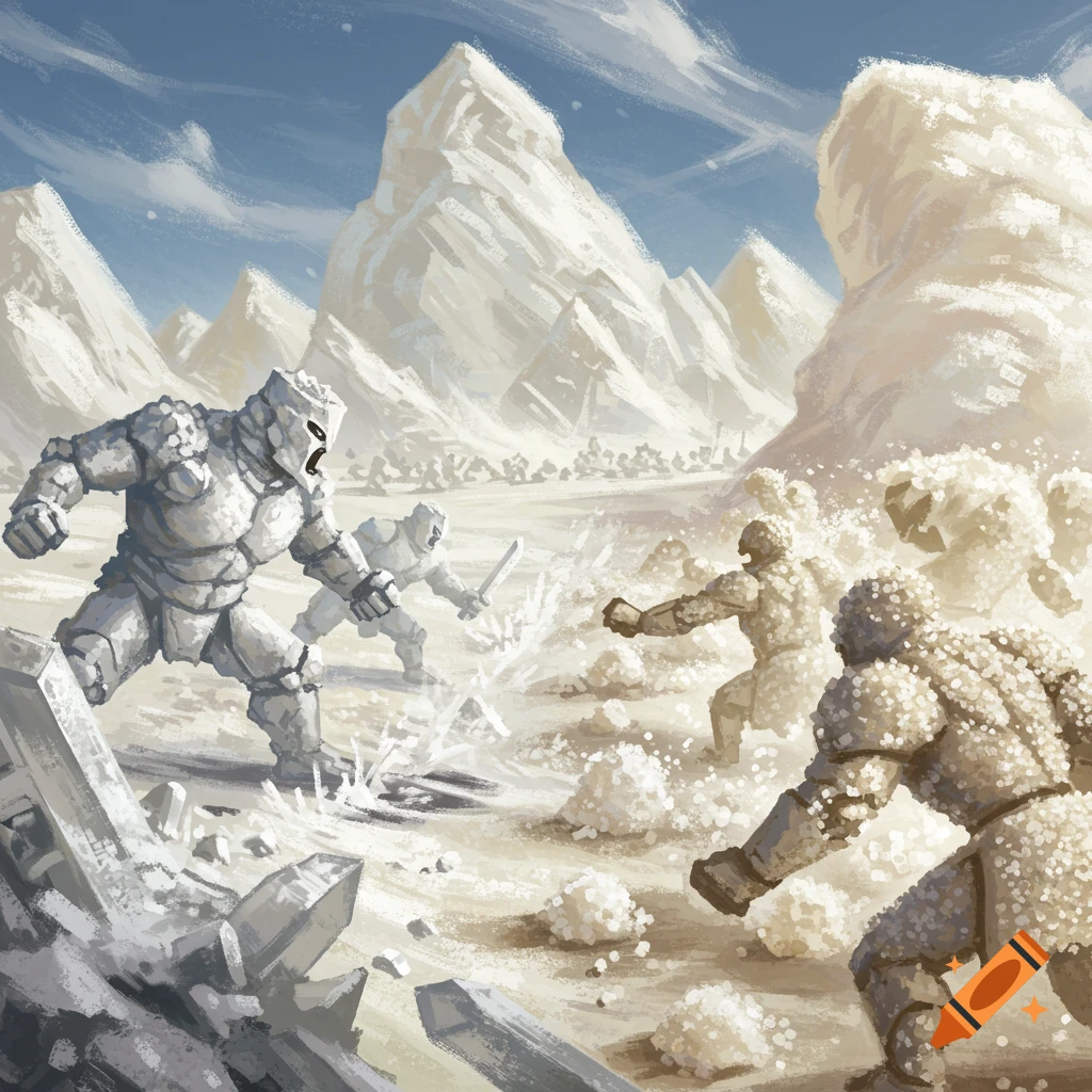 Crystalline and textured creatures battle in a desolate landscape.