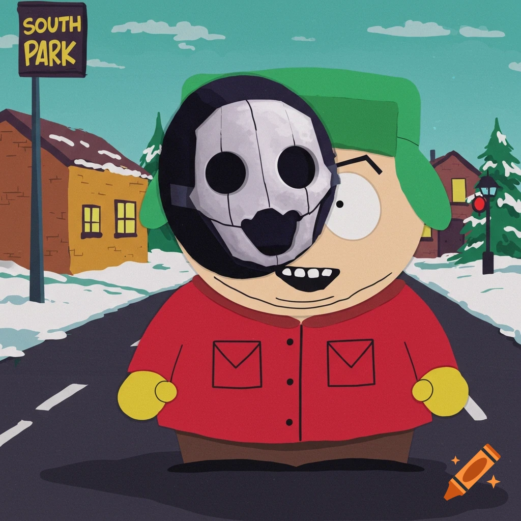 A South Park character wearing a skull mask stands on a snowy street in front of a sign that says SOUTH PARK.