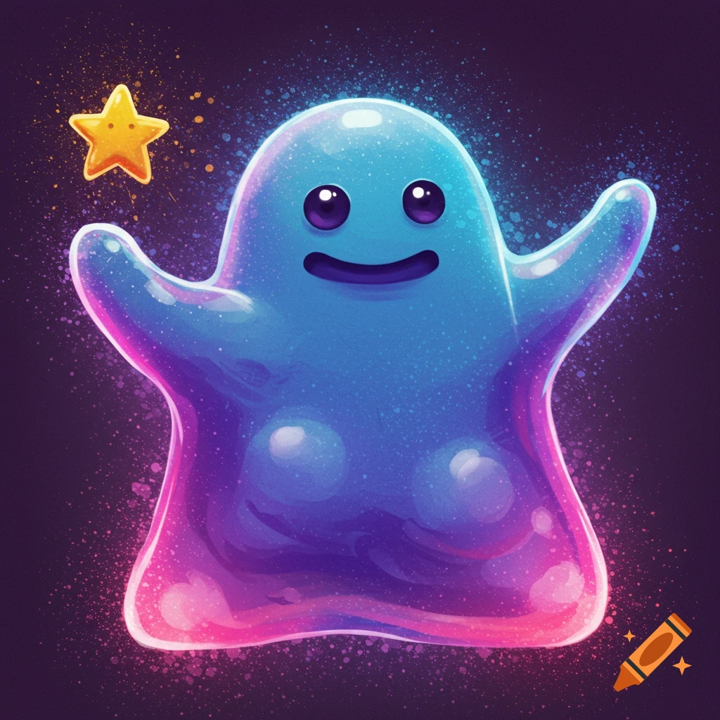 A cute blue and purple translucent blob creature with a star in a starry space