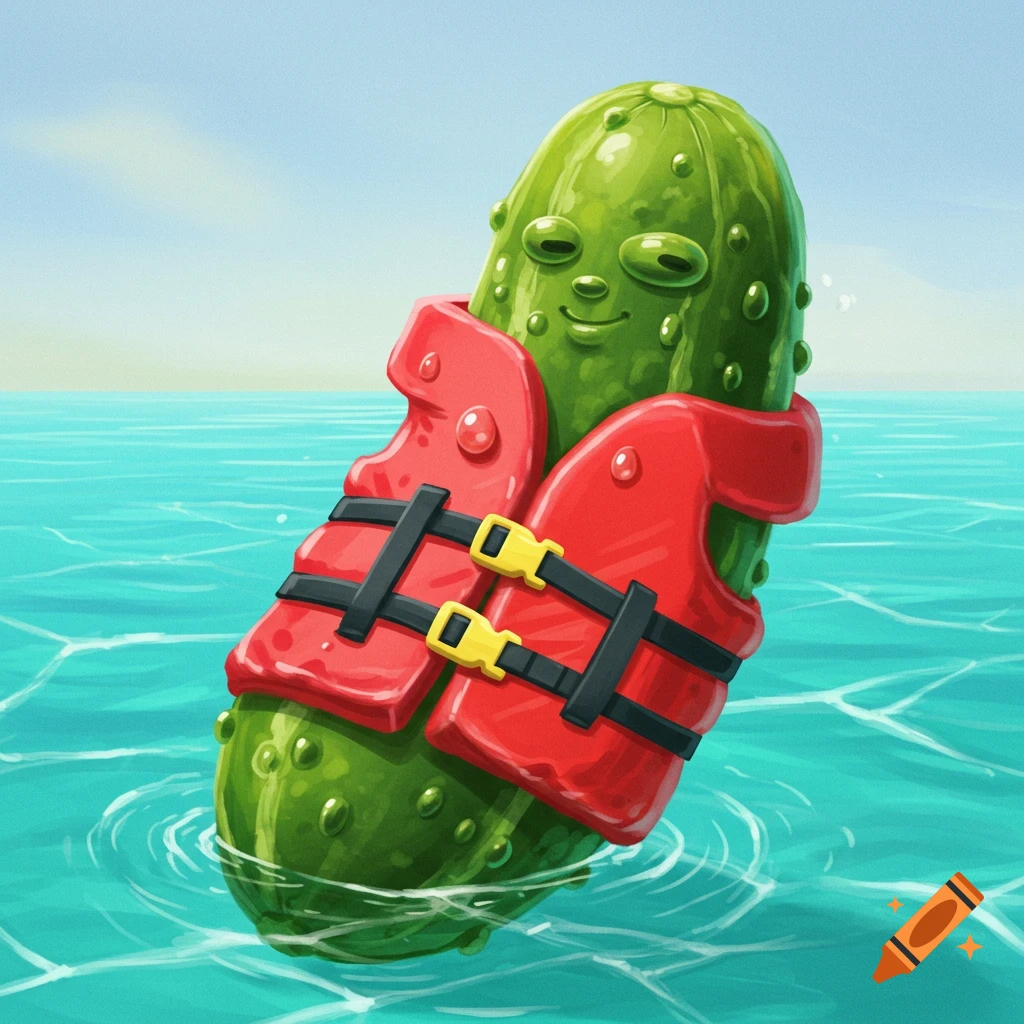 Pickle wearing a life jacket