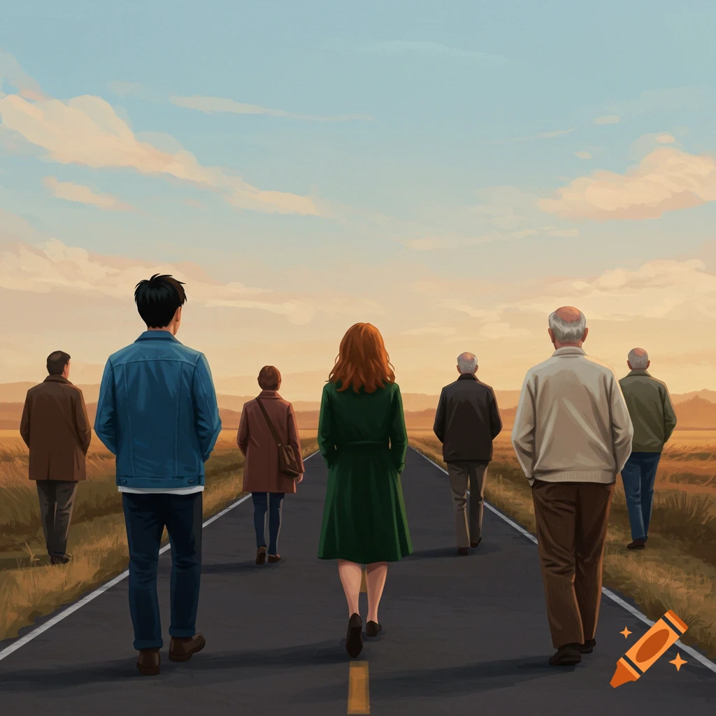 Several people walk away down a road towards the horizon at sunset.