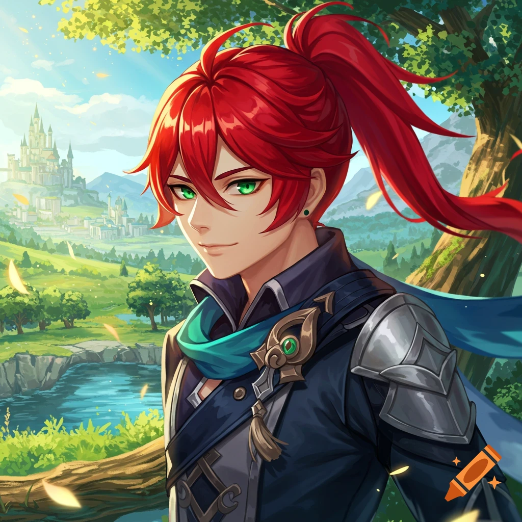 Anime character with red hair and green eyes in a fantasy landscape with a castle and river.