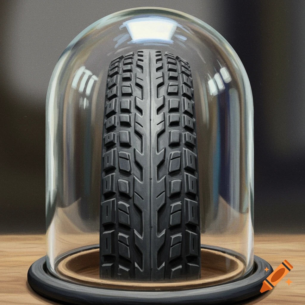 A bike tire displayed inside a glass dome on a table.