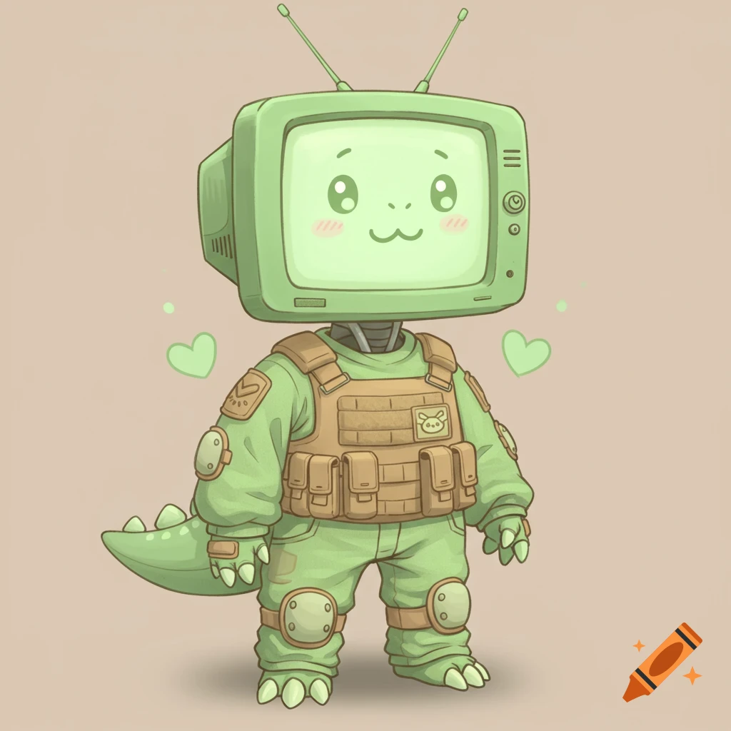 Cute cartoon TV head character in green tactical gear with dinosaur tail.