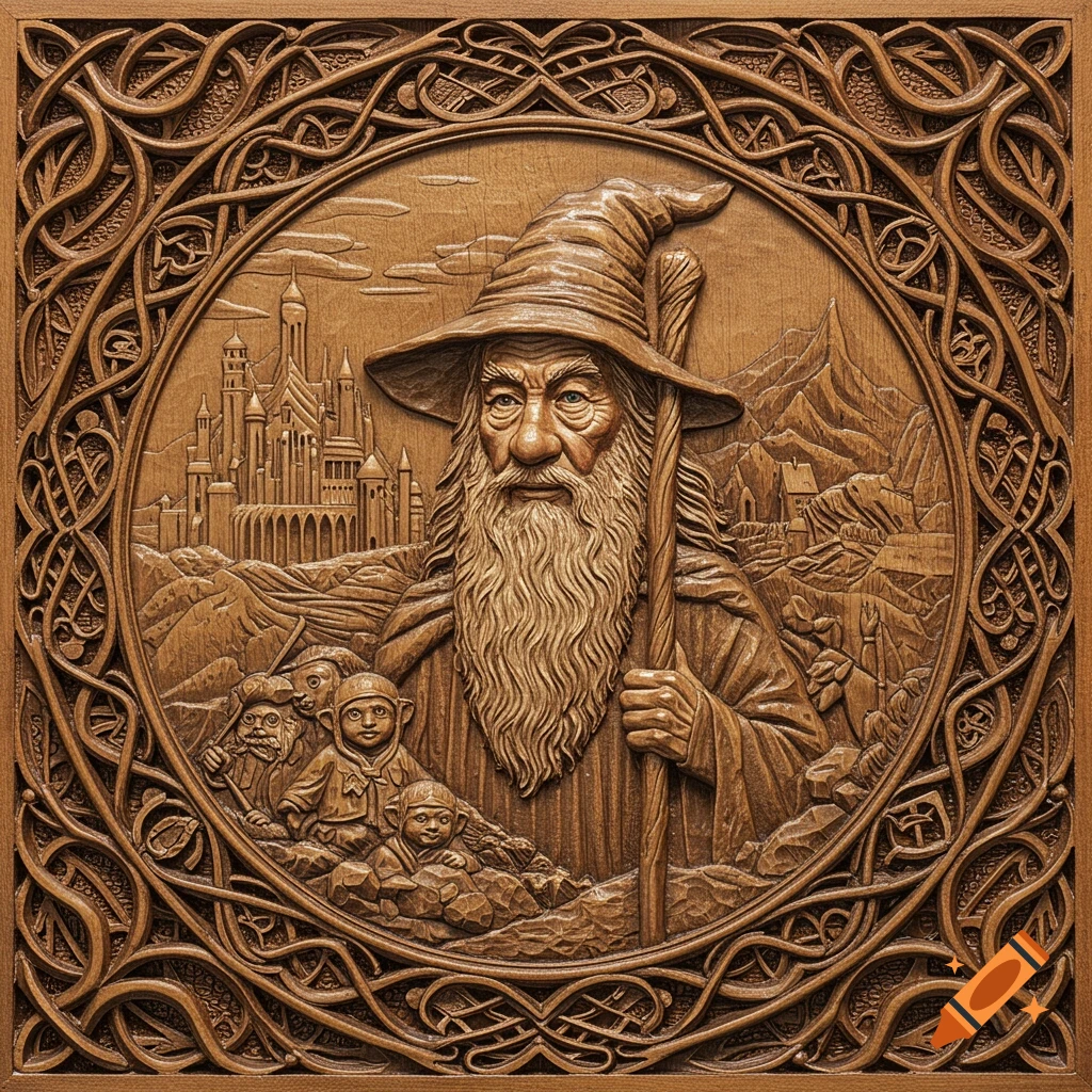 Intricate wood carving of a wizard with hobbits, a castle, and mountains in a decorative frame.