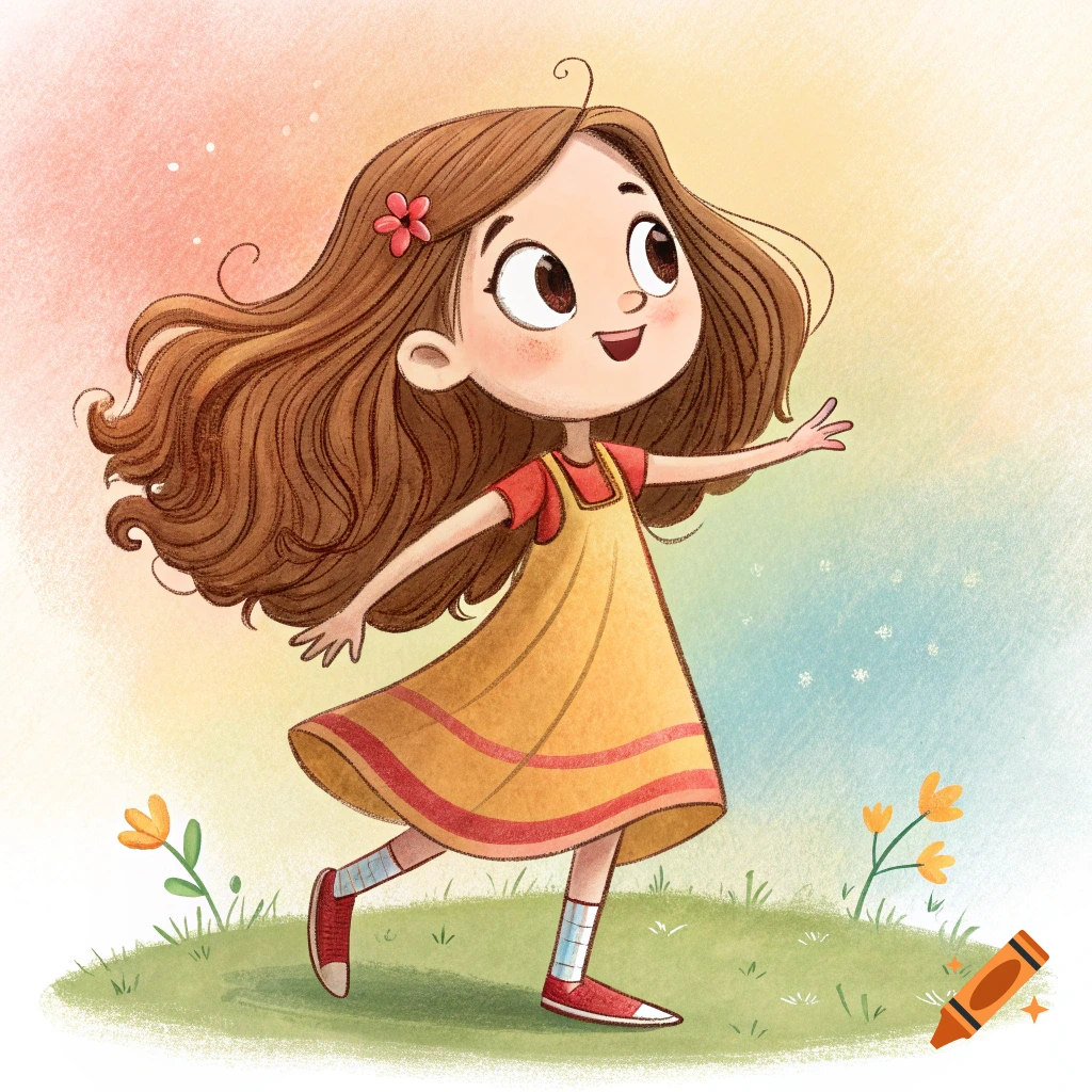 Illustration of a smiling cartoon girl running in a field under a colorful sky
