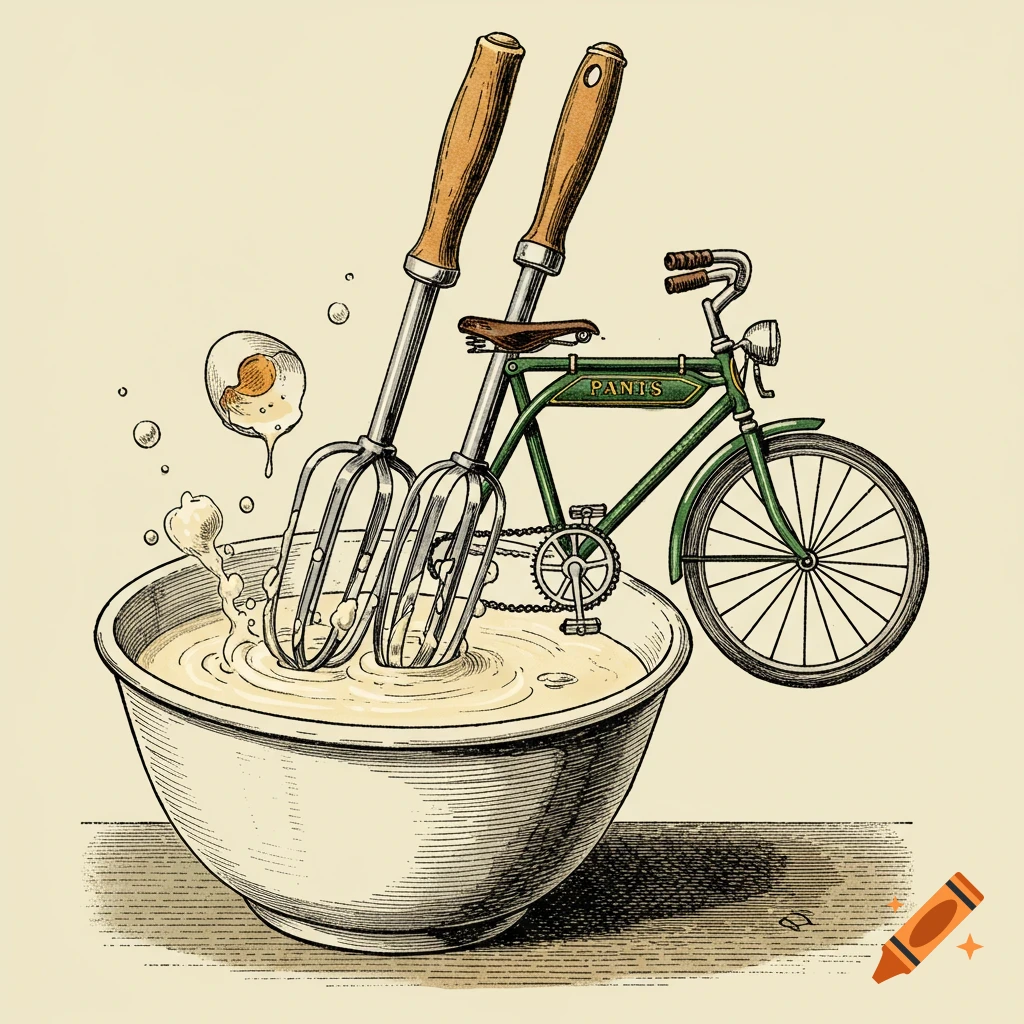 Old-fashioned illustration of egg beaters mixing batter in a bowl, incorporating a bicycle frame and wheel.