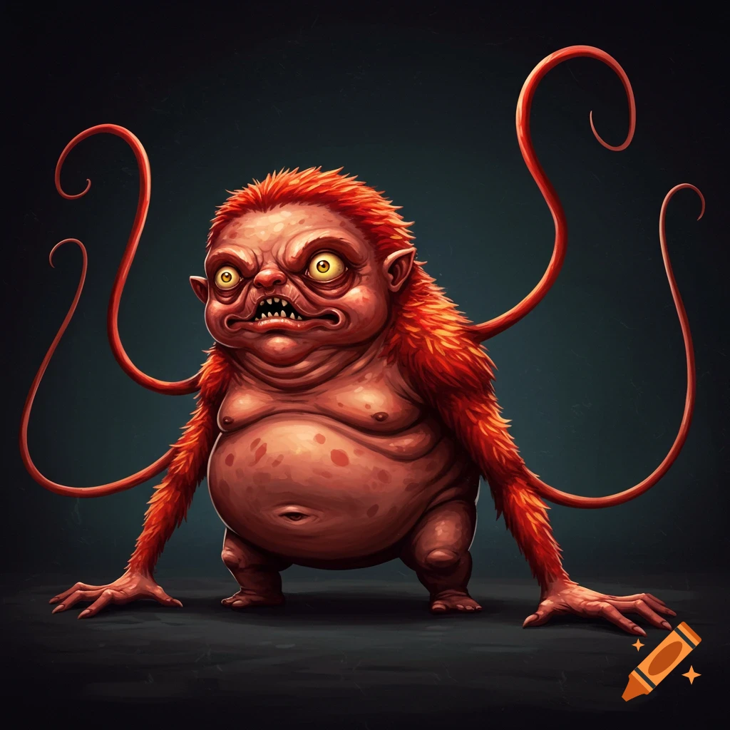 A scary, plump monster with red and orange fur, small yellow eyes, and long spaghetti-like arms.