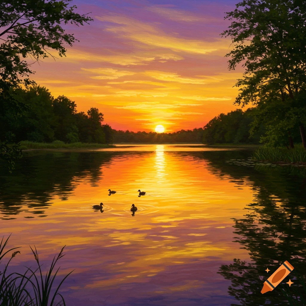 A peaceful lake at sunset with golden light reflecting on the water and several ducks swimming.