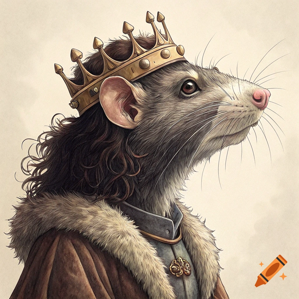 A regal rat wearing a golden crown and fur-lined cloak.