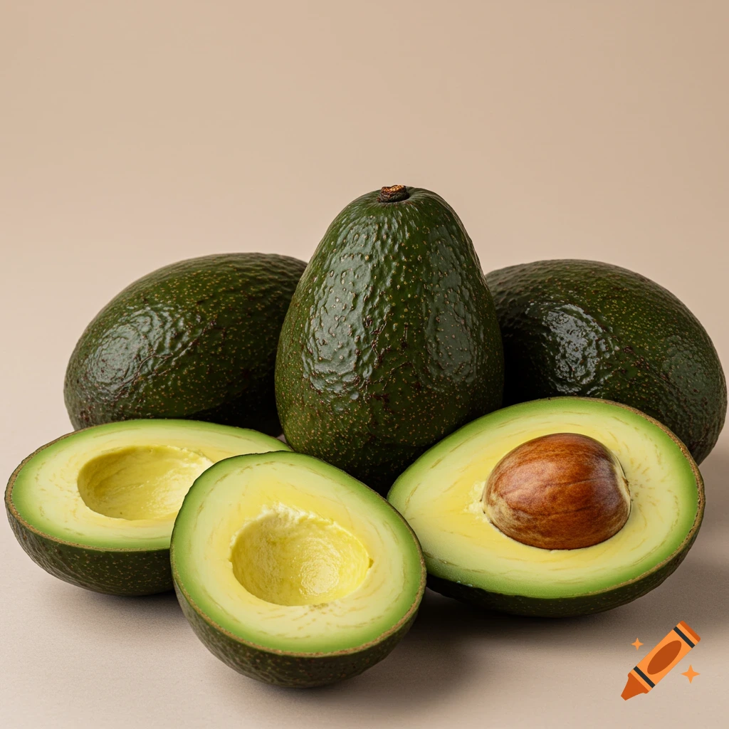 Realistic photo of whole and cut avocados on a light background.