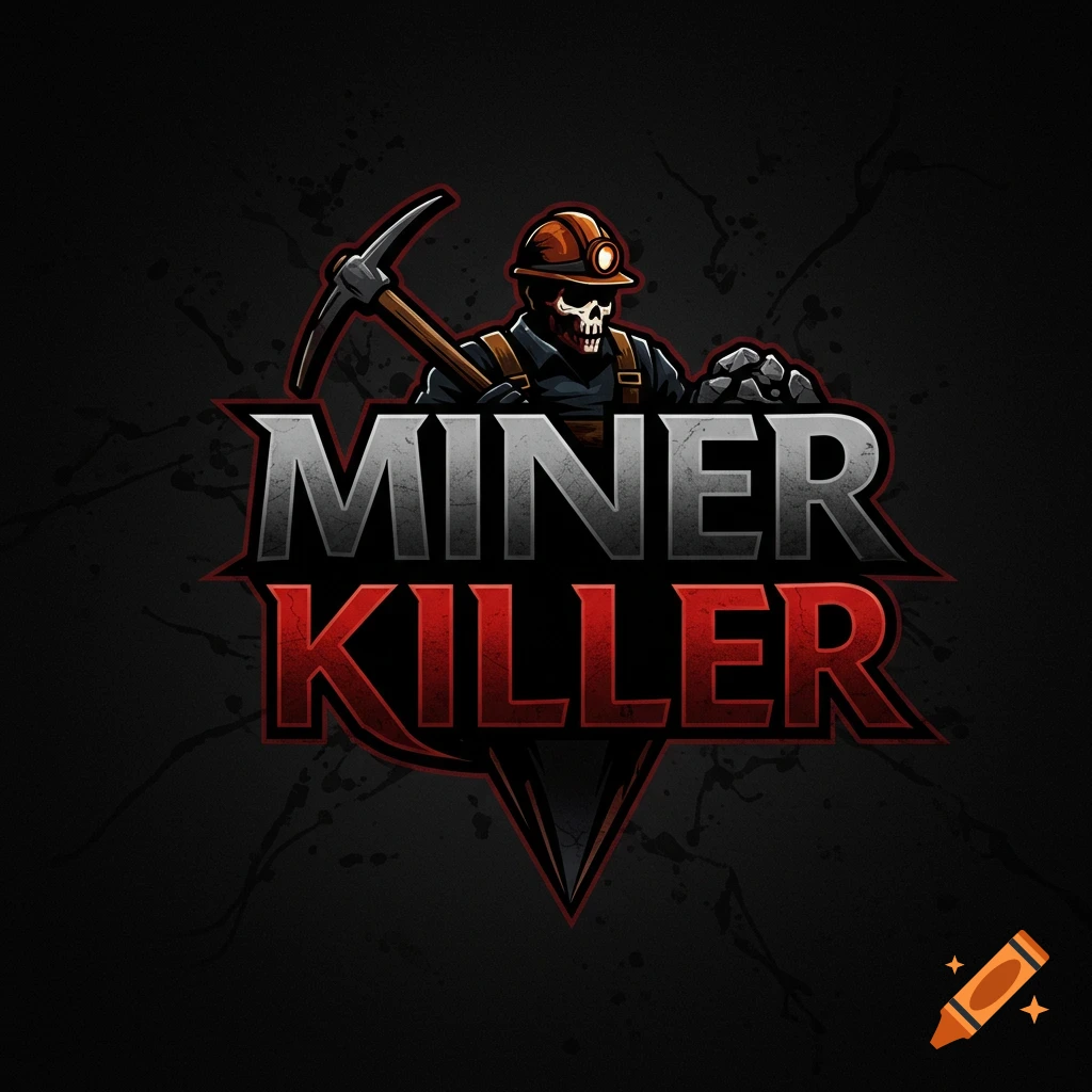 Logo for 'Miner Killer' featuring a skeletal miner with a pickaxe on a dark background.