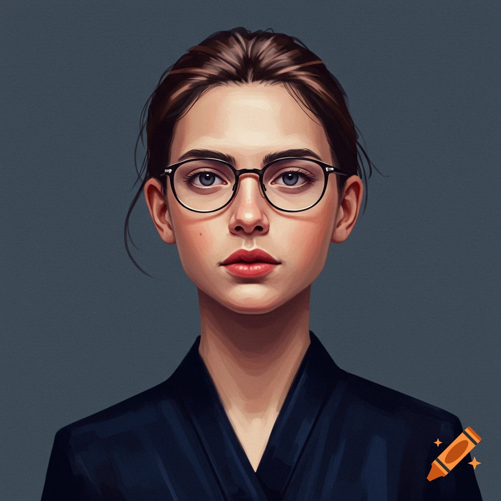 Stylized portrait of a young woman wearing glasses and a dark blue jacket.