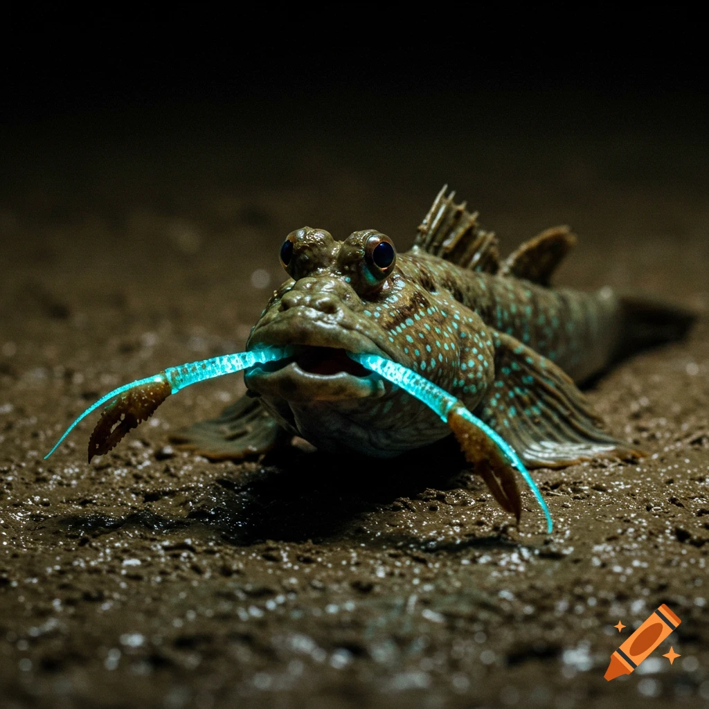 A close-up photo of a mudskipper fish on mud, holding a glowing blue lure in its mouth.