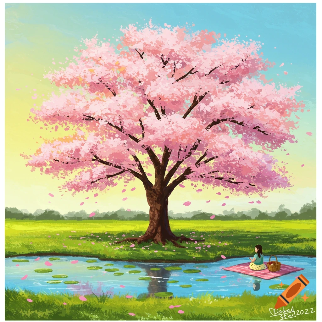 Cherry blossom park with pond and gentle breeze illustration