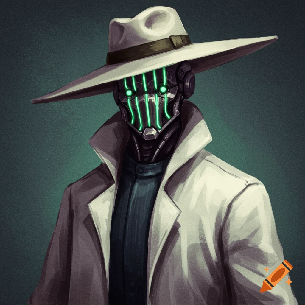 A robotic figure wears a white fedora and trench coat, with glowing green vertical lines on its face.